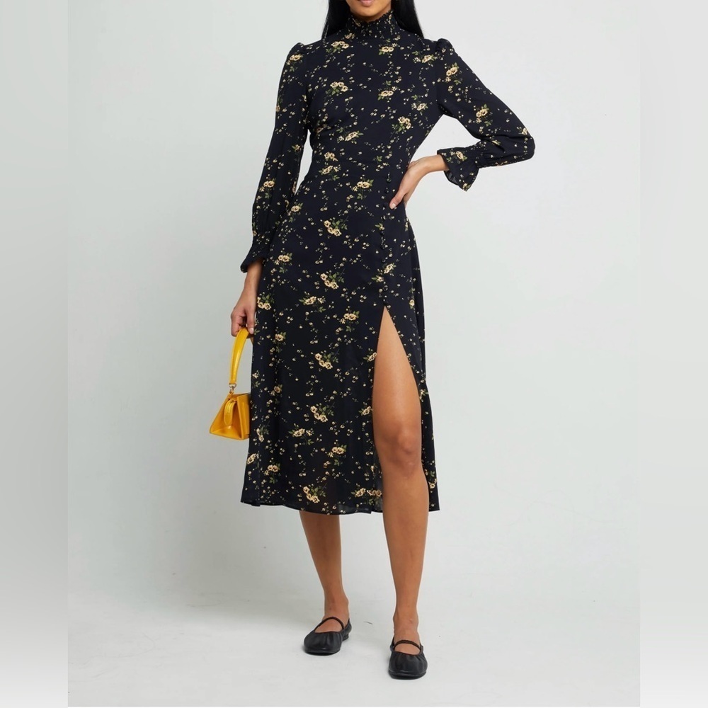 o.p.t Chic Black Floral Long Sleeve Dress Smocked Turtle Neck Long Dress